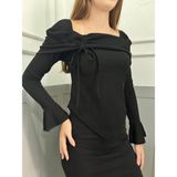 Yeni Ürün Bürümcük Kumaş Asimetrik Kesim Volanlı Uzun Kol Bluz 0025 - 2XL - Siyah