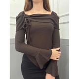 Yeni Ürün Bürümcük Kumaş Asimetrik Kesim Volanlı Uzun Kol Bluz 0025 - XL - Kahverengi