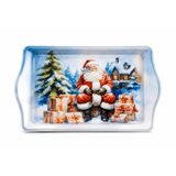 Yeni Yıl Temalı Metal Servis Tepsisi, Noel Baba Desenli, 15,7x24,5 cm, Dayanıklı Metal Malzeme, Ev Mutfak Sofra Kullanımı, 1 Adet