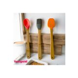 Yenigeldi 3 Adet 21 Cm Pastel Renk Bambu Saplı Mini Silikon Pişirme Seti, ( Kaşık,Fırça,Spatula)