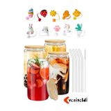 Yenigeldi 4 Adet Bambu Kapaklı Cam Bardak Buzlu Kahve Smoothie Kokteyl Bardağı 4 Cam Pipet Ve 2 Temizleme Fırç,Şeffaf