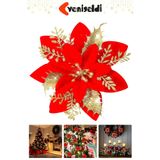 Yenigeldi 8 Adet Simli Atatürk Çiçeği Yılbaşı Ağacı Süsü Noel Çiçeği Kırmızı Gold 14 cm