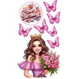 Yenilebilir Şekerli Kağıt Baskısı Cupcake ve Pasta Resim Baskı Kelebek ve Kız Temalı 68