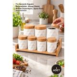 Yenilig 1 Adet Standlı Baharat Seti – 7'li Seramik Kapaklı Baharatlıklar, Ahşap Stand, Mutfak Düzenleyici, Spice Rack