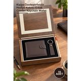 Yenilig 10 Adet Ahşap Kutulu Deri Cüzdan ve Anahtarlık Seti – Kişiye Özelleştirilebilir Hediye Kutusu Erkek Cüzdan Keychain Wallet