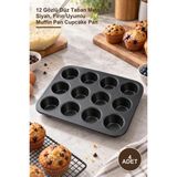 Yenilig 4 Adet Muffin Kek Kalıbı – 12 Gözlü Düz Taban Metal Siyah, Fırın Uyumlu Muffin Pan Cupcake Pan
