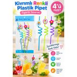 Yenilig 4’lü Kıvrımlı Renkli Plastik Pipet Seti – Figürlü Dekoratif Pipet – Parti ve Soğuk Içecek Pipeti