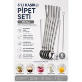 Yenilig 6'lı Kaşıklı Metal Pipet Seti Bronz Paslanmaz Çelik Yeniden Kullanılabilir Pipet Temizleme Fırçası Dahil - Metalik