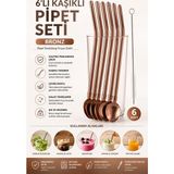 Yenilig 6'lı Kaşıklı Metal Pipet Seti Bronz Paslanmaz Çelik Yeniden Kullanılabilir Pipet Temizleme Fırçası Dahil