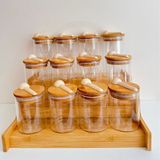 Yeninesilevim 4lü 300 Ml+4lü 250 Ml+4lü 200 ml Vakumlu Yuvarlak Cam Kaşıklı Kavanoz ve 3 Katlı Bambu Stand