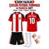 yenteks İsim Yazılır Çocuk Futbol Forması Kırmızı Beyaz Özel Tasarım 4 parça Forma+Şort+Çorap+Bileklik