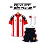 yenteks İsim Yazılır Kırmızı-Beyaz Çocuk Futbol Forması Takımı Çorap Hediyeli