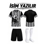 yenteks İsim Yazılır Taraftar Futbol Forması Kartal Desen Siyah Beyaz+Çocuk Forması 3 Parça
