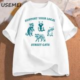 Yerel Sokak Kediler Destek Erkek T-Shirtü Rahat Pamuk Kısa Kollu Tshirt Erkek Boy Grafik Tees - Beyaz