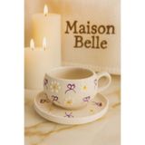Yerel Üretici Maison Belle Mor Fiyonk & Papatya Kabartma Seramik Fincan & Altlık