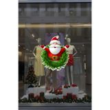 Yeşil Çelenk Detaylı Noel Baba Temalı Yılbaşı Vitrin Süsü, Cam ve Duvar için Kendinden Yapışkanlı Folyo Sticker, 43x50cm