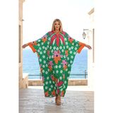 Yeşil Çiçekli Sıfır Yaka Yarasa Kollu Oversize Uzun Elbise