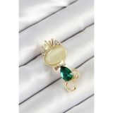 Yeşil Damla Zirkon Taşlı Kraliçe Taçlı Kedi Figürlü Gold Renk Kadın Broş - EBJ250530W34446 BR450