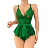 Yeşil Dantel İşlemeli Kurdelalı Tül Babydoll