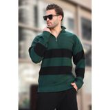 Yeşil Fermuar Yaka Çizgili Erkek Kazak E7272 - 2XL