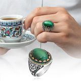 Yeşil Kaplan Gözü Taşlı Oval 925 Gümüş Erkek Yüzük