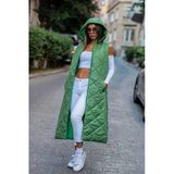 Yeşil Kapüşonlu Cepli Baklava Desen Uzun Şişme Yelek