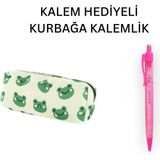Yeşil Kurbağa Tatlı Kalemlik - Okul Kalemliği-Makyaj Çantası ve Hediye Pembe Uçlu Kalem
