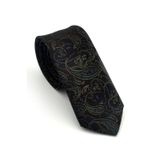 Yeşil Lacivert Şal Desenli Kahverengi Dokuma Kumaş Mendilli Slim Fit Kravat // SDK-2607-6