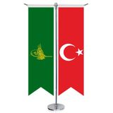 Yeşil Osmanlı Tuğrası Bayrağı ve Türkiye -Kırlangıç -Saten T direk 2li Masa Bayrağı