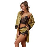 Yeşil Saten Dantelli Sütyen Şort ve Sabahlık Takım 3 Lü Set, S, N3509-19804IGP27193810
