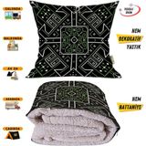 Yeşil Siyah Etnik Desen Tv Battaniyeli Opsiyonel Dekoratif Yastık Kırlent 2 In 1 Battaniye - 115 x 170 cm - Renkli