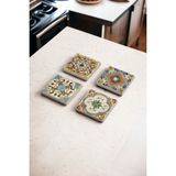 Yeşil Tile Desen Temalı Doğal Taş Traverten Bardak Altlığı 4 Lü Set