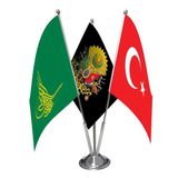 Yeşil Tuğra - Osmanlı Arması Ve Türkiye - Üçlü Saten Masa Bayrağı Set