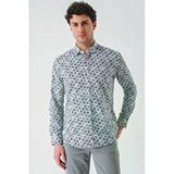 Yeşil Uzun Kollu Baskılı Garnili Pamuklu Casual Slim Fit Dar Kesim Gömlek 1004240211