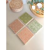 Yeşil ve Turuncu Doğal Desenli Taş Bardak Altlığı 4’lü Set, Bohem Masa Dekoru Sunumluk - 10 x 10 cm