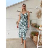 Yeşil Zebra Desenli Saten Kruvaze Elbise
