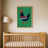 Yeşil Zeminli Tavuk Çocuk Odası Duvar Posteri Çerçeveli Tablo Duvar Dekorasyonu - 30 x 40 - Ahşap Çerçeveli