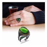 Yeşil Zirkon Taşlı Mikro Zirkon Taş Mıhlamalı Oval Tasarım 925 Ayar Gümüş Erkek Yüzük