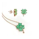Yeşil Zirkon Taşlı Rose Gold Kaplama Yonca Gümüş Set