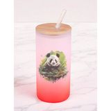 Yeşillikler Içinde Panda Baskılı 600 ml Cam Matara- Su Matarası, Suluk Matara, Cam Pipetli Matara