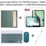 Yesnıce Lenovo Idea Tab Pro 12.7 TB373FU Uyumlu Standlı Kılıf ve Dokunmatik Kalem ve Klavye ve Mouse - Koyu Yeşil