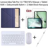 Yesnıce Lenovo Idea Tab Pro 12.7 TB373FU Uyumlu Standlı Kılıf ve Dokunmatik Kalem ve Klavye ve Mouse - Lacivert