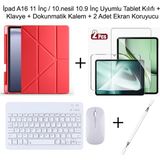 Yesnice Yesnıce Ipad A16 11.nesil / 10.nesil 10.9 Inç Uyumlu Standlı Kılıf ve Dokunmatik Kalem ve Klavye Set - Kırmızı