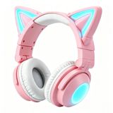 Yetişkinler için Kedi Kulak Bluetooth Kulaklık, Çocuklar için Güzel Kulaklıklar, LED Işıklı Kulak Üstü Kablolu Kulaklıklar, Dahili Mikrofonlu Katlanabilir Kablosuz Kulaklık, Telefon/PC/Tablet/TV ile