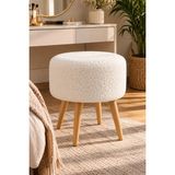 Yg Decor Bulut Bukle Kumaş Yuvarlak Puf Makyaj Masası Sandalyesi Ahşap Ayaklı Çok Amaçlı Oturma Koltuğu - Beyaz