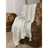 YGT Home 4 Ponpon Triko Örgülü Tv Battaniyesi Krem 130X170 Diz Battaniyesi-Koltuk Şalı-Koltuk Dekoru - 130 x 170 cm