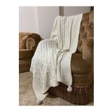 YGT Home Begonya 4 Ponpon Örgülü Tv Battaniye Krem Triko 130x170 Diz Battaniyesi-koltuk Şalı
