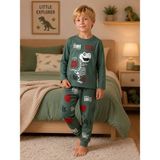 Yiğit Butik Erkek Çocuk Dinozor Baskılı Uzun Kollu Alt Üst Pijama Takımı - Haki - 7 - 8 Yaş