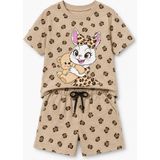 Yiğit Butik Kız Çocuk Tavşan Baskılı Leopar Desenli Şortlu Takım Yazlık Ikili Takım - 5 - 6 Yaş - Bej