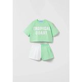 Yiğit Butik Kız Çocuk Yeşil Beyaz Şortlu Takım Yazlık Crop Tişört Set - 5 - 6 Yaş
